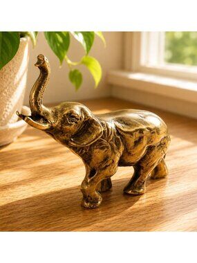Brass Elephant Figurine Statue With Raised Trunk 4" Tall Decorative Vintage Acce